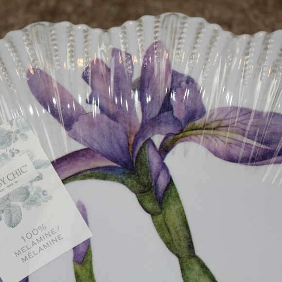 Shabby Chic Melamine Serving Bowl White Purple Iris Scalloped Large 13" NWT - Picture 4 of 8